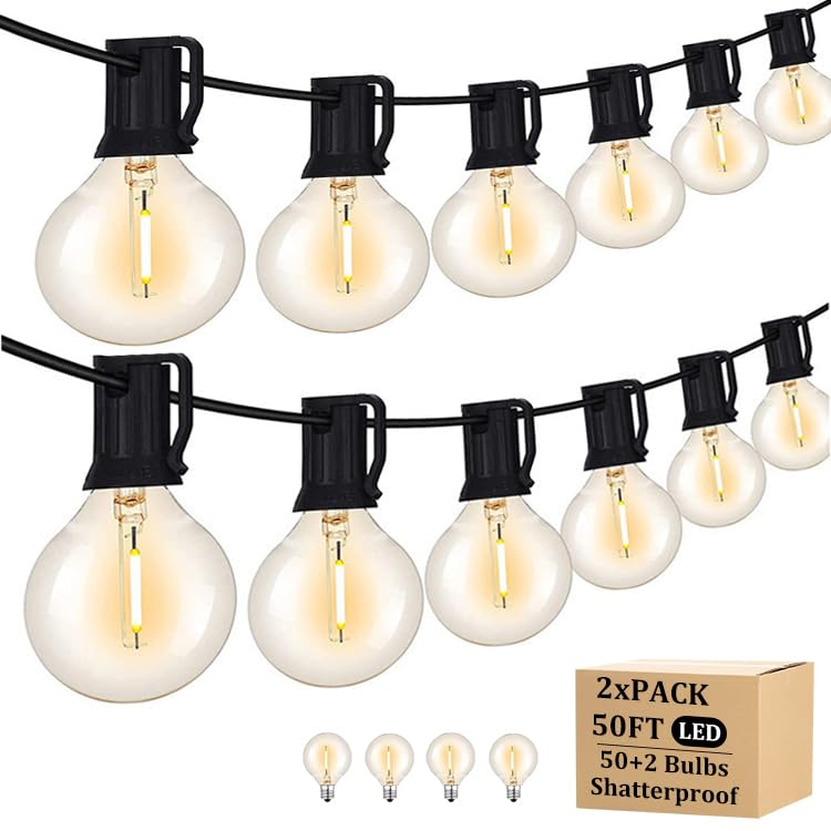 RYKUG 100FT Outdoor String Lights with 102 Shatterproof G40 LED Clear Globe Bulbs for Indoor/Outdoor, 2-Pack 50FT Connectable Ha