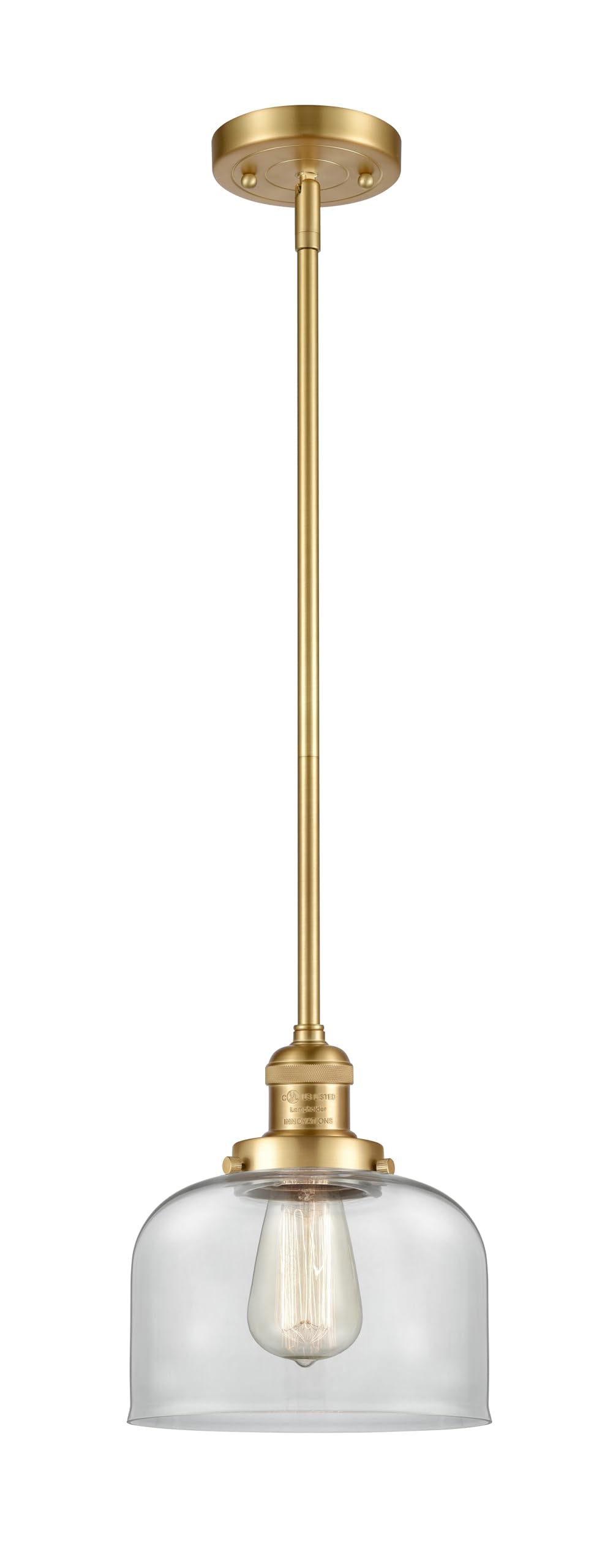 INNOVATIONS LIGHTING Franklin Restoration - Bell - 1 Light 8 Stem Hung Mini Pendant - LED Bulb - Satin Gold Finish - Clear Shade