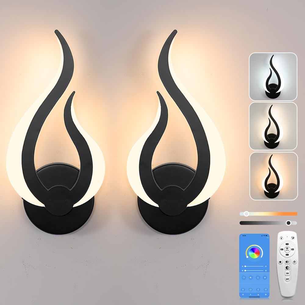 MSKEPSL Modern Wall Sconce Set of 2  Wall Light Hardwired with 2.4G Remote Control  10W LED Black Wall Mounted Lights  3000K-6000K Dimmable  LED Wall Lights for Living Room Bedroom Hallway Bedside