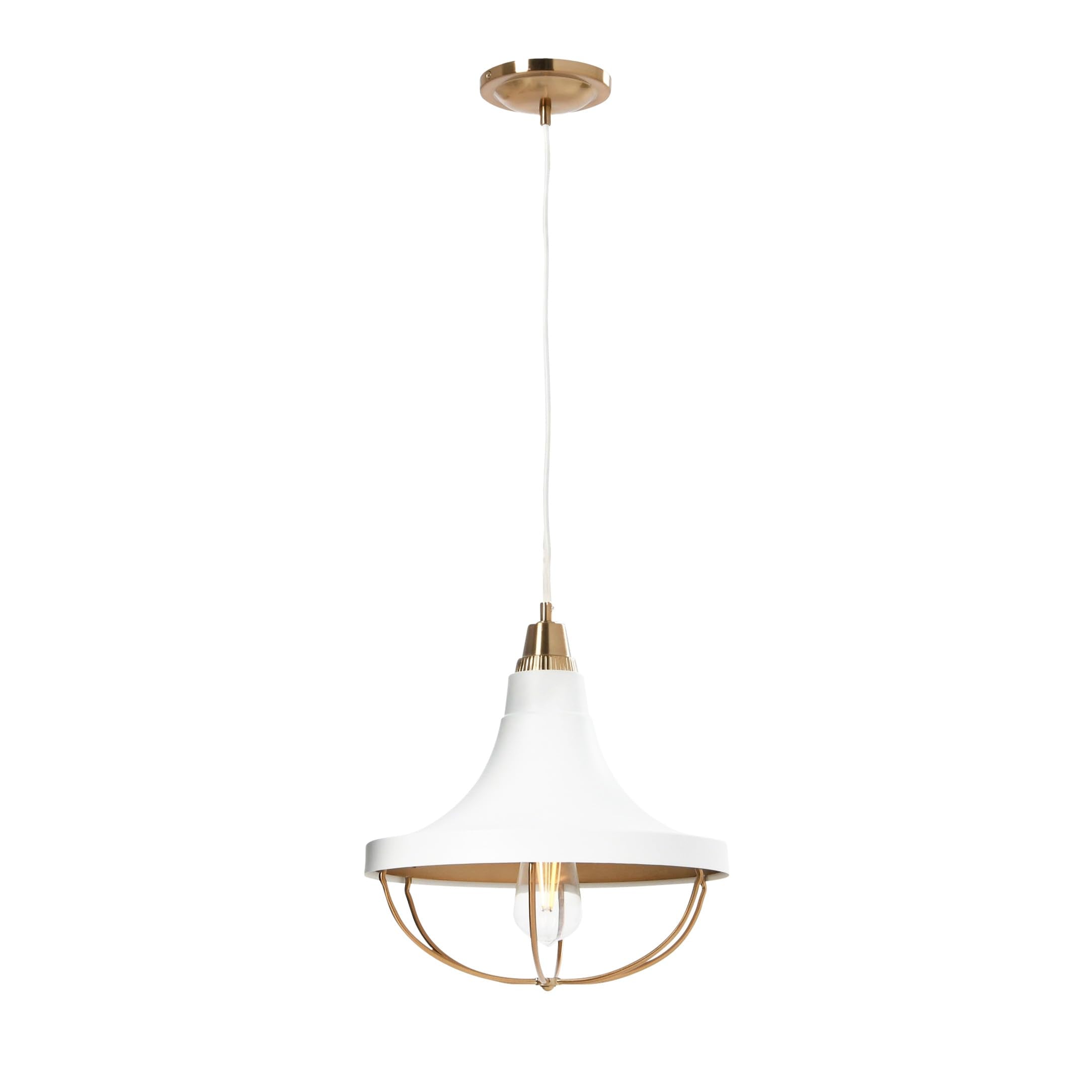Robert Stevenson Lighting Presley - Caged Trumpet Metal Ceiling Light, Brushed Brass And White