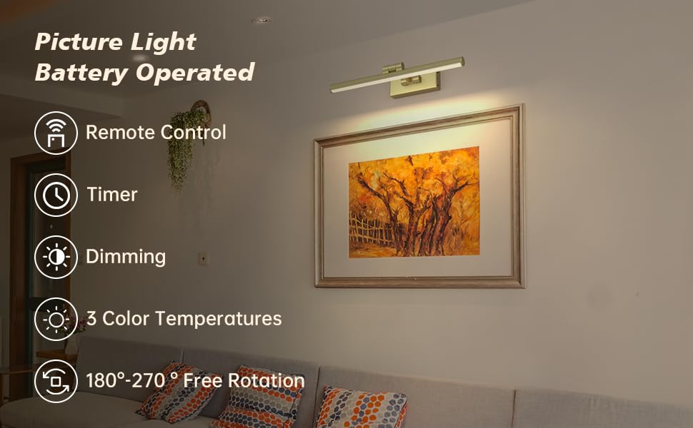 Picture Light Battery Operated,15.7 Inch Dimmable Art Lights For Paintings Wireless,3Cct Rechargeable Picture Lights For Wall,Li