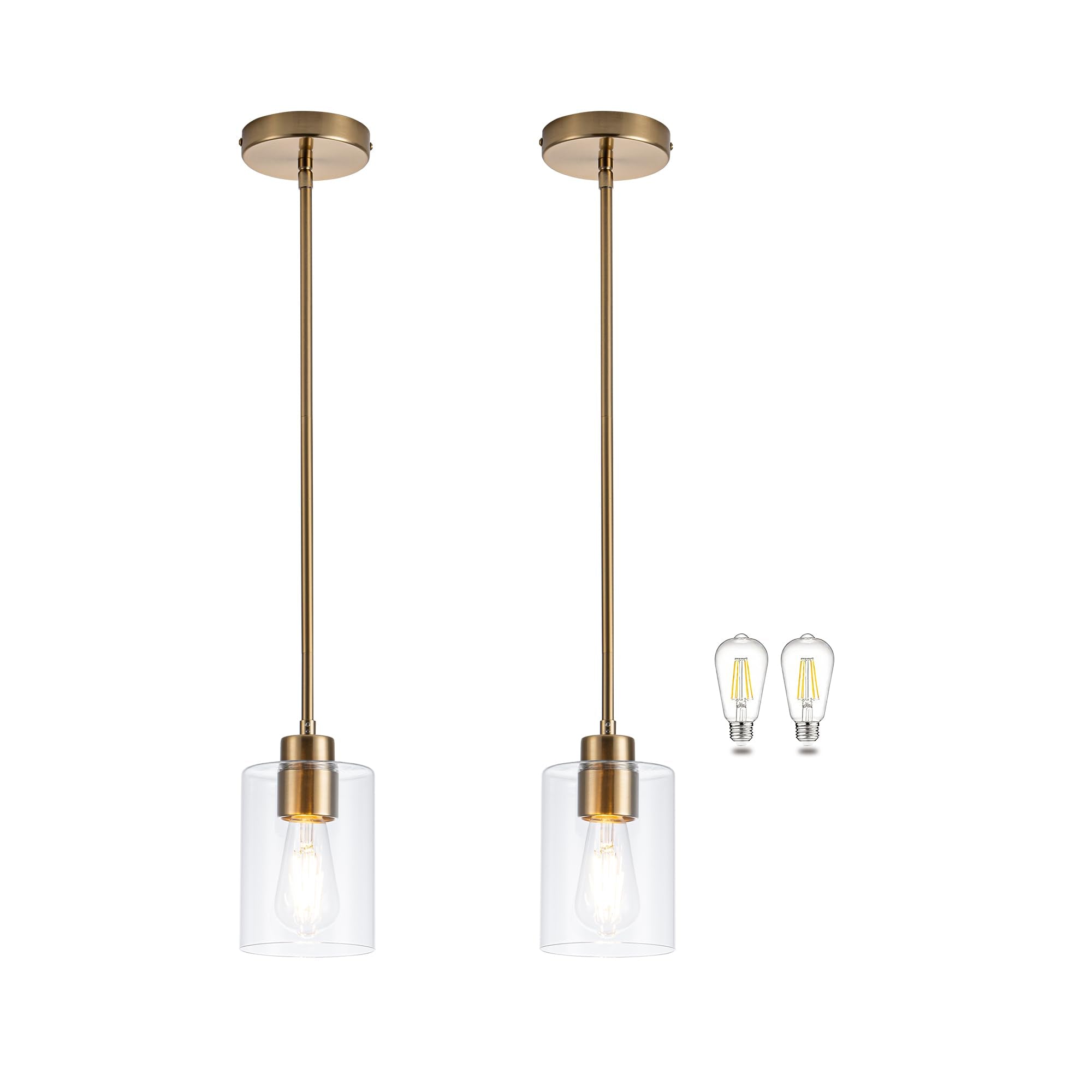 MAYNA 2 Pack Glass Kitchen Pendant Lights, Brass Pendant Lighting with Clear Glass Shade, Adjustable Height Island Lights for Ki