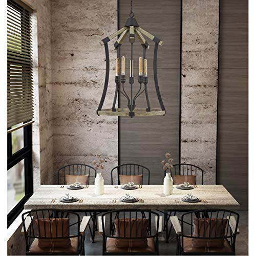 Cal Dali 60W x 5 Chandelier, Iron, Pine Wood, Model FX-3707-5, Edison Bulbs Not Included