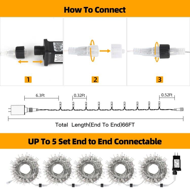 Vtechology 66Ft 200Led Warm White Christmas Lights Plug In,Waterproof Christmas Tree Lights,8 Modes String Lights Indoor Outdoor For Halloween Tree Party Bedroom Garden Decor (Clear Wire)