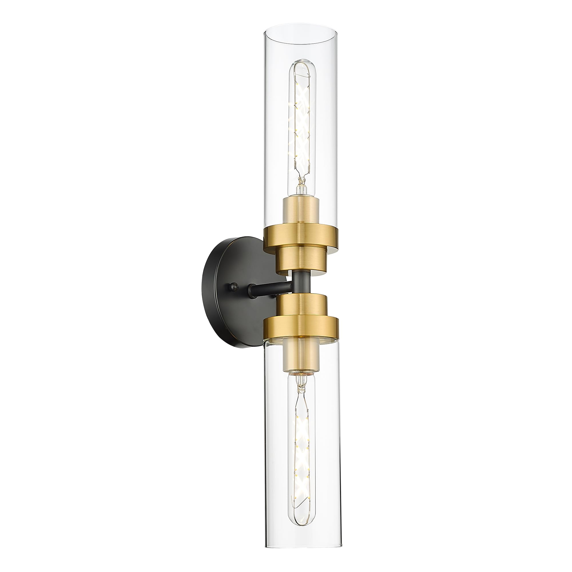 Emak Black And Gold Vanity Lights For Mirror, Modern 22 Inch Bathroom Light Fixtures With Clear Glass Shade, 2-Light Cylinder Wa