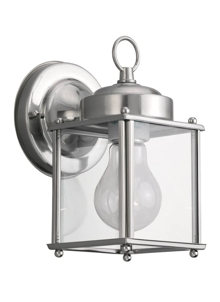 Sea Gull Lighting 8592-965 New Castle One-Light Outdoor Wall Lantern With Clear Glass Panels, Antique Brushed Nickel Finish