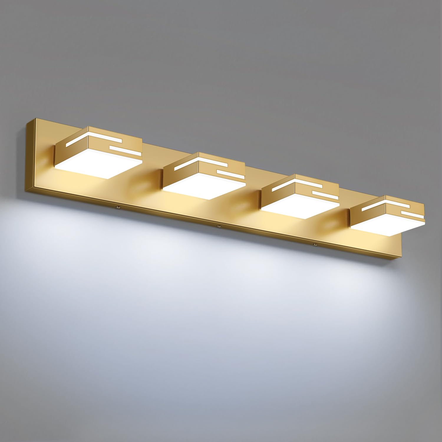 LKHF LED Modern Bathroom Vanity Light Fixtures  4-Light 28-inch Dimmable Gold Vanity Lights for Bathroom Lighting Fixtures Over Mirror  with 350 Rotatable Heads (Cool White 6000K)