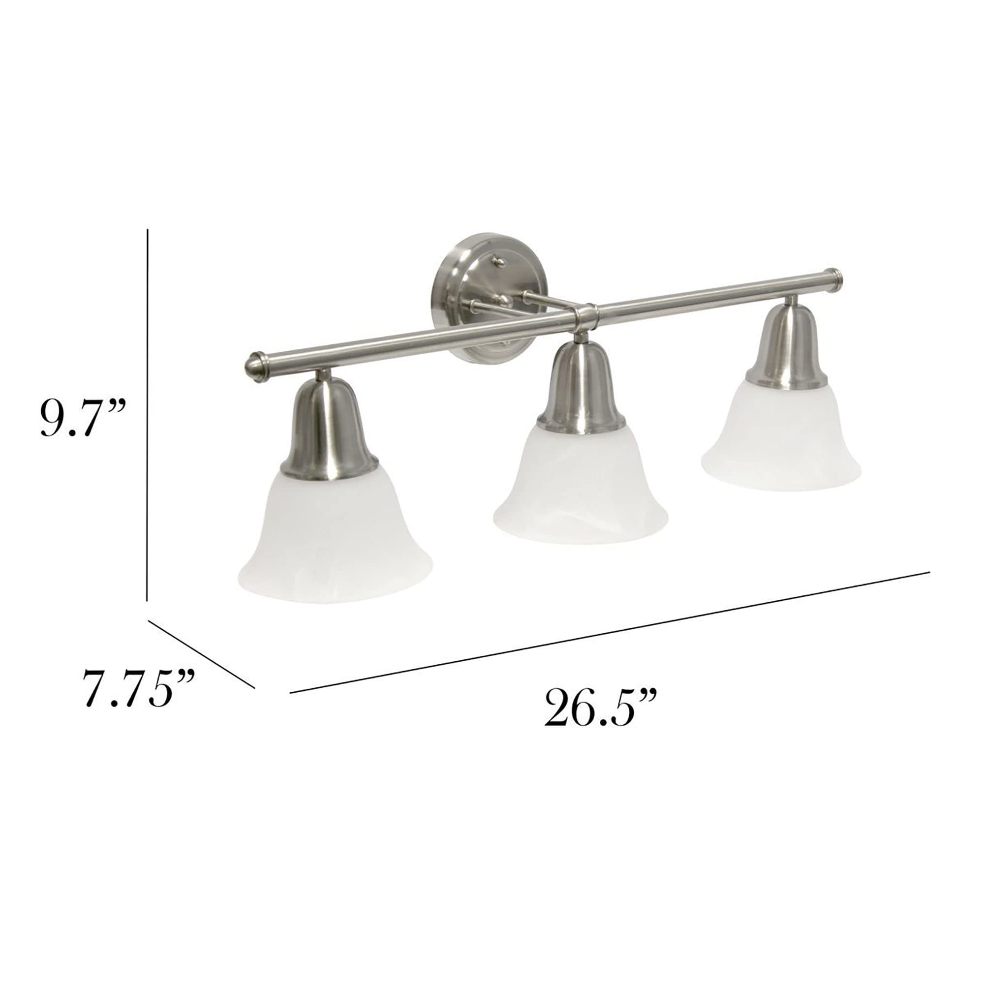 Simple Designs VT1027-BSN 26.5in 3-Light Metal Bar Vanity Fixture, Frosted Marble Glass Shades, Brushed Nickel