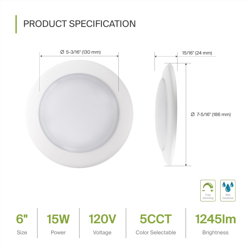 ASD LED Disk Lights 6 Inch, 15W 5CCT 2700K-5000K, Dimmable Flush Mount, White, Model ASD-LDS-6D15
