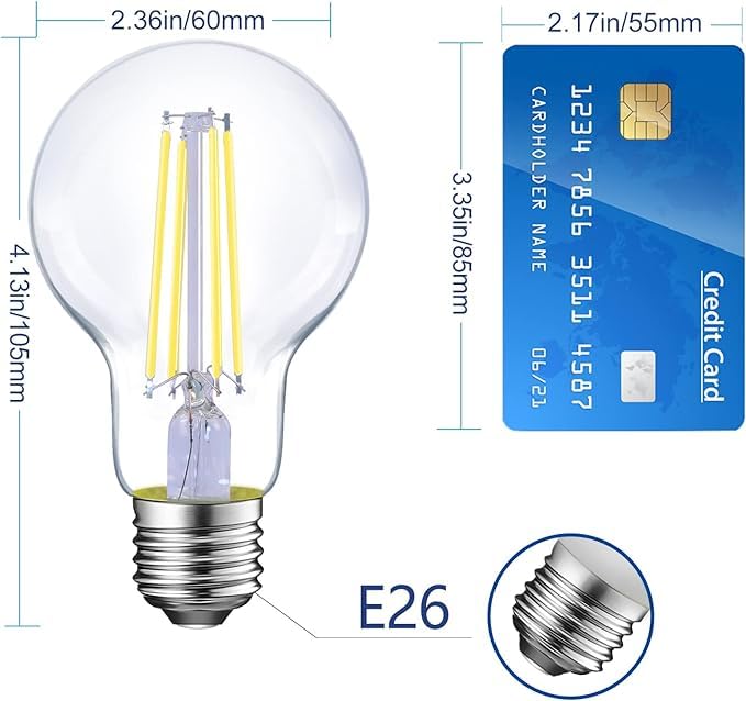 Energetic Dimmable Led Filament Light Bulbs Clear, 8W, 60 Watt Equivalent, Daylight 5000K, Classic Clear Glass, A19 Led Edison B