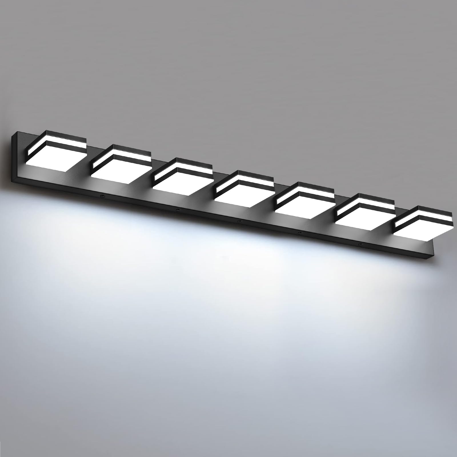 IZORRO LED Modern Bathroom Lights Fixtures(7-Light Dimmable) Matte Black Acrylic Wall Lighting Vanity Lights for Bathroom Over Mirror - 6000k 40In (No Assembly Required)