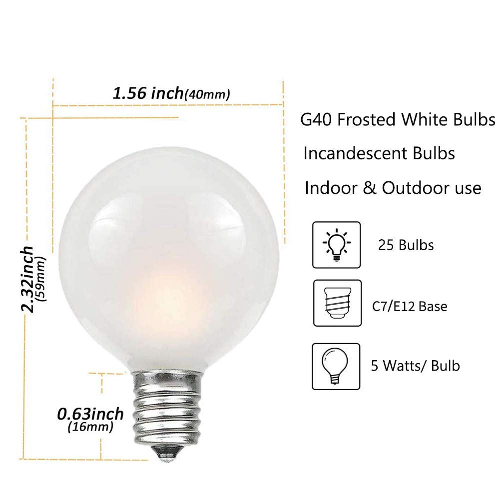 GOOTHY G40 Frosted White Light Bulbs, 5W Candelabra Base, 25 Count, Glass, Outdoor Patio String Lights
