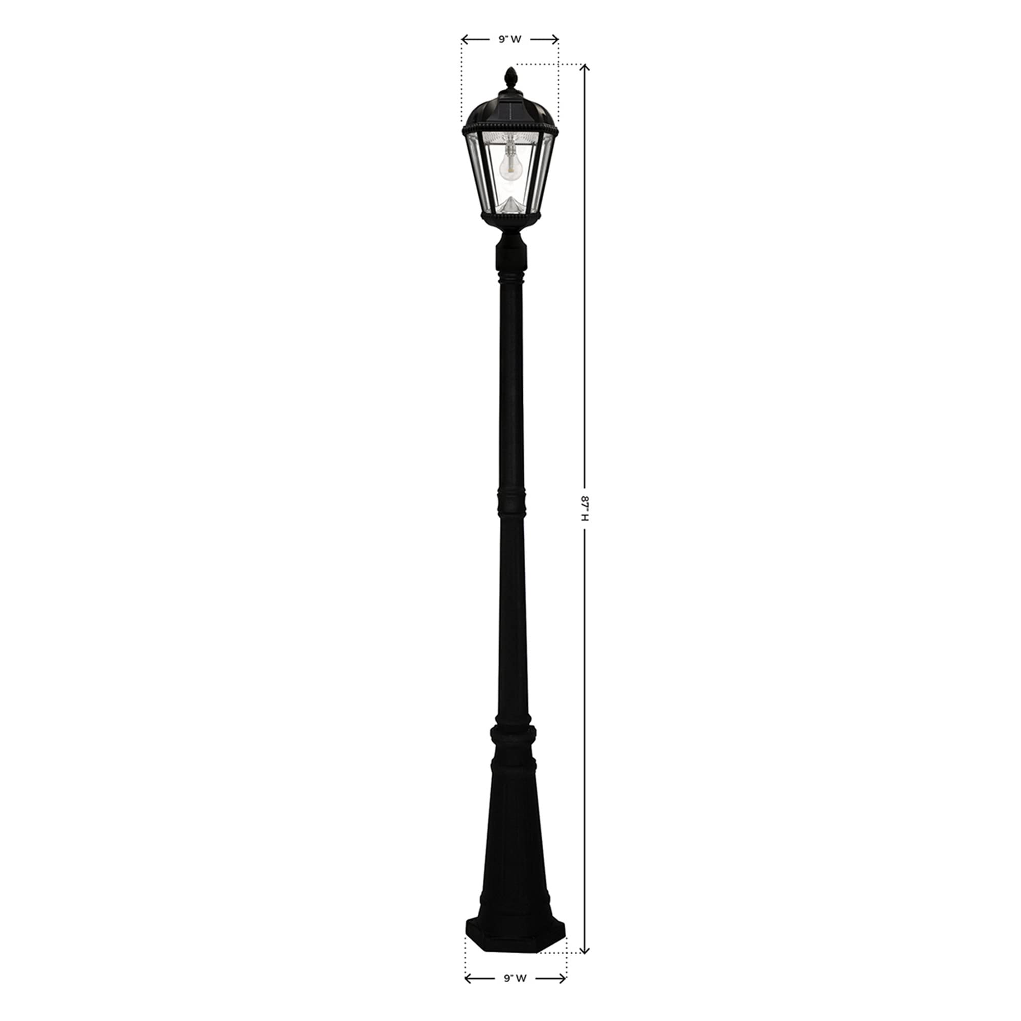 Gama Sonic Solar Outdoor Lamp Post Light, Black Cast Aluminum and Beveled Glass Panels, 10-Year Royal Bulb, Warm White LED with