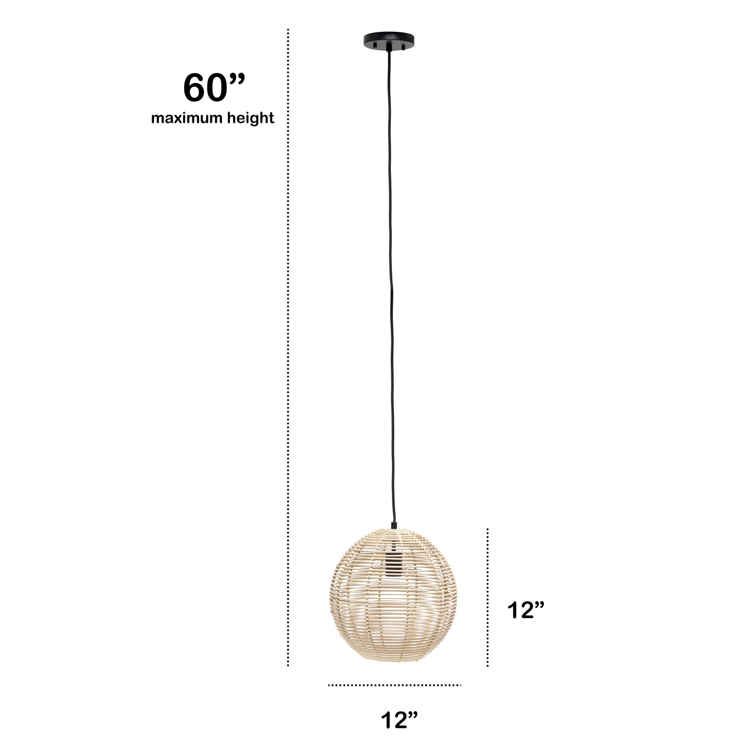 Lalia Home Rattan Pendant Light - Ball Shaped, Natural Finish, 12" x 12" x 60", Model LHP-3005-NA
