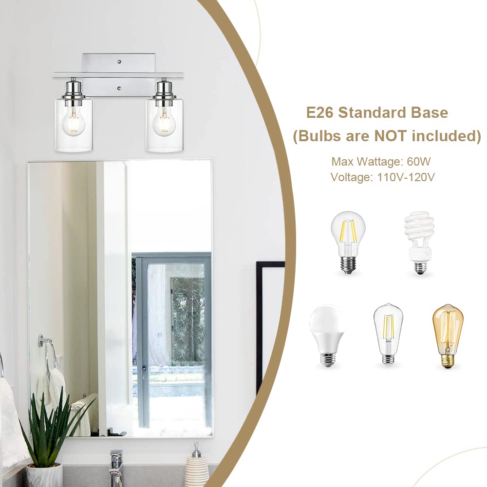 VINLUZ Bathroom Light Fixture, 2 Light Industrial Wall Sconce, Chrome Finish, Clear Glass Shade, Metal Vanity Lighting Over Mirror