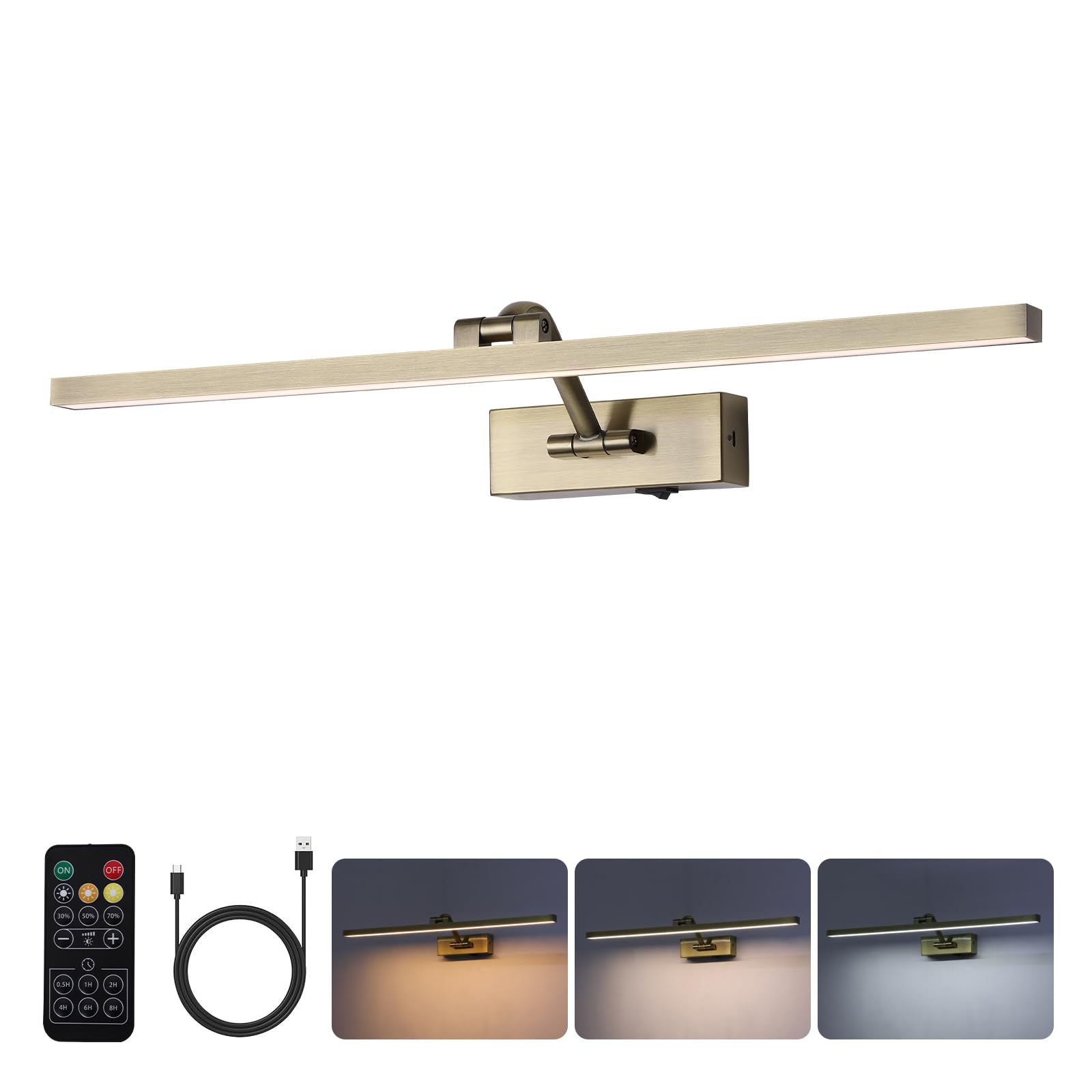 BRIVOLART 10000mAh Picture Light Battery Operated,23.6In Antique Bronze Wireless Rechargeable Picture Light 3 Colors Dimmable Ar