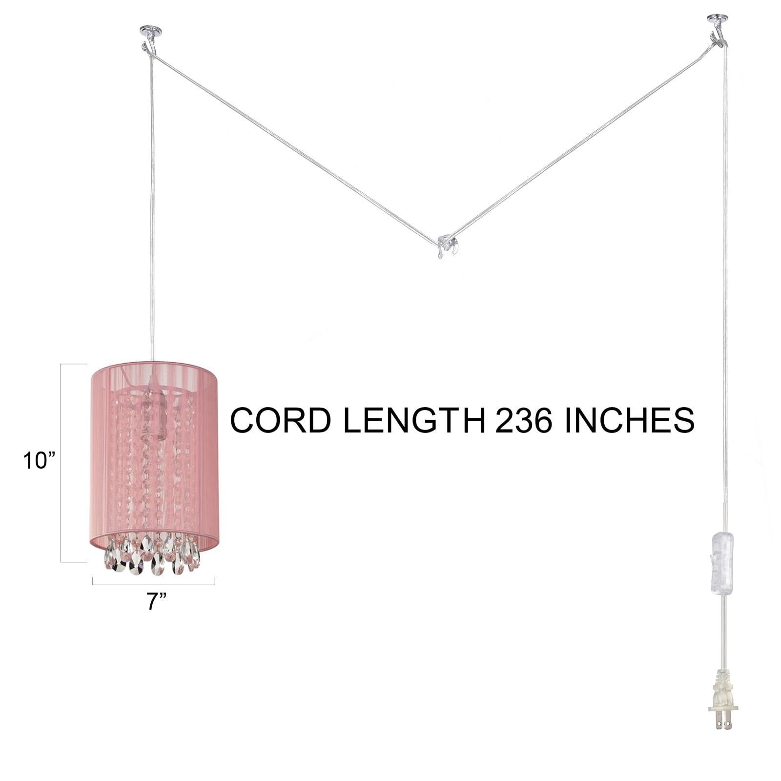 LaLuLa Hanging Lamp, 1-Light Pendant Light, Pink Cotton with Plug-in Cord, 7in Size, Model P17168PK-P