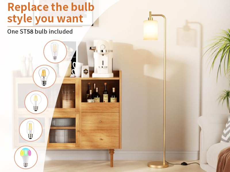 Ziisee Floor Lamps For Living Room - Industrial Standing Lamp With Frosted White Glass Shade, Modern Gold Floor Lamp With Led Bu