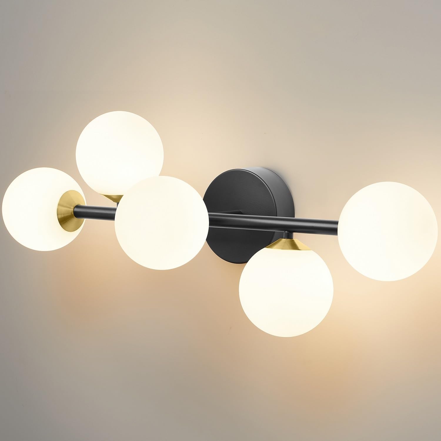 Bathroom Vanity Lights, 5-Light Black And Gold Led Bathroom Light Fixtures, Mid Century Modern Dimmable Led Bathroom Lights Ceiling Light, Wall Sconces Wall Lights With Frosted Milk Glass, 3000K