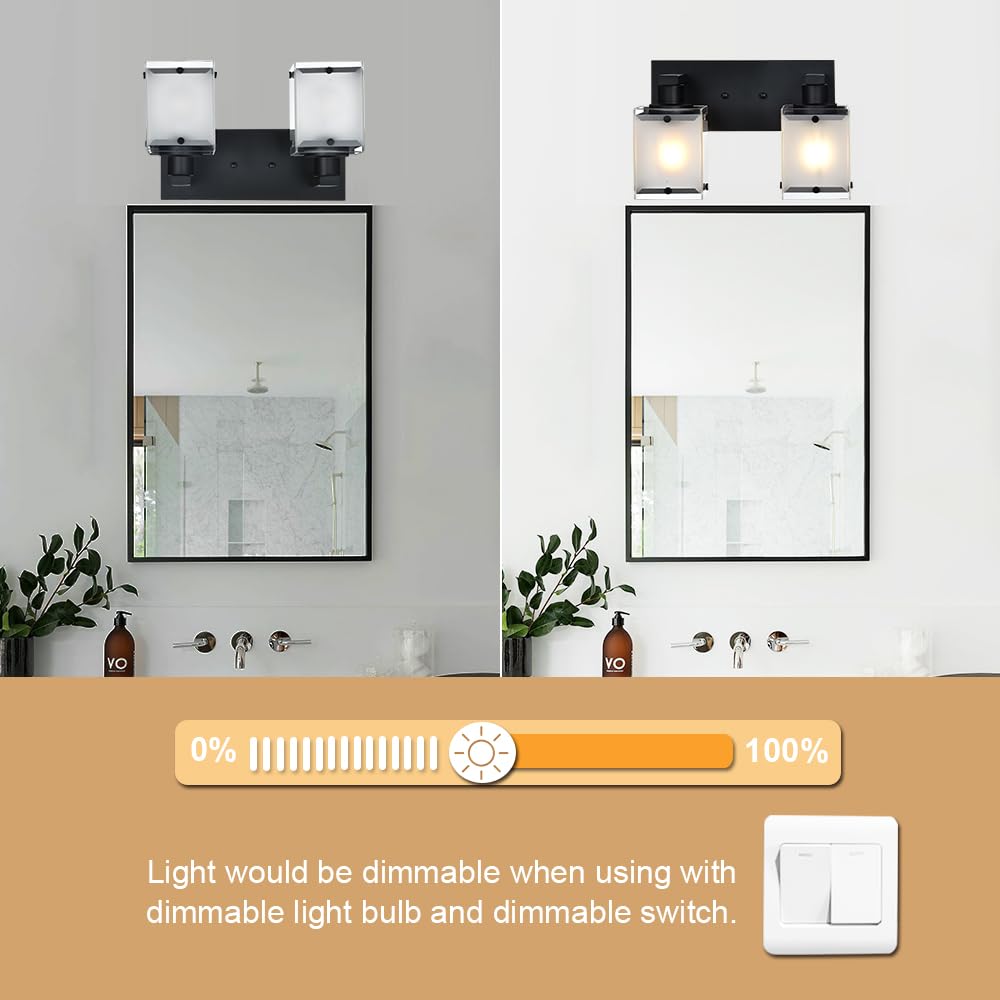 WINSHEN Black Wall Sconce Lighting, 2-Light Vanity Fixture, Metal, Rectangular Frosted Glass Shade, Model 2WBL-XOTFZO