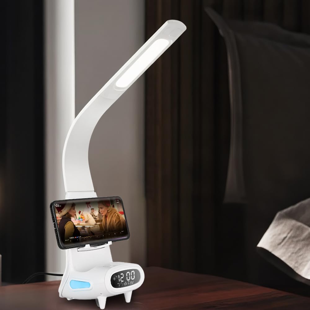 IHAO Multi Functional Smart Eye-Care Desk Lamp Wireless Charger & Digital Alarm Clock Gesture Control Adjustable Light 15W Fast Charging Hidden Phone Stand  Date Timer Display Wake-Up Light-TX79 White