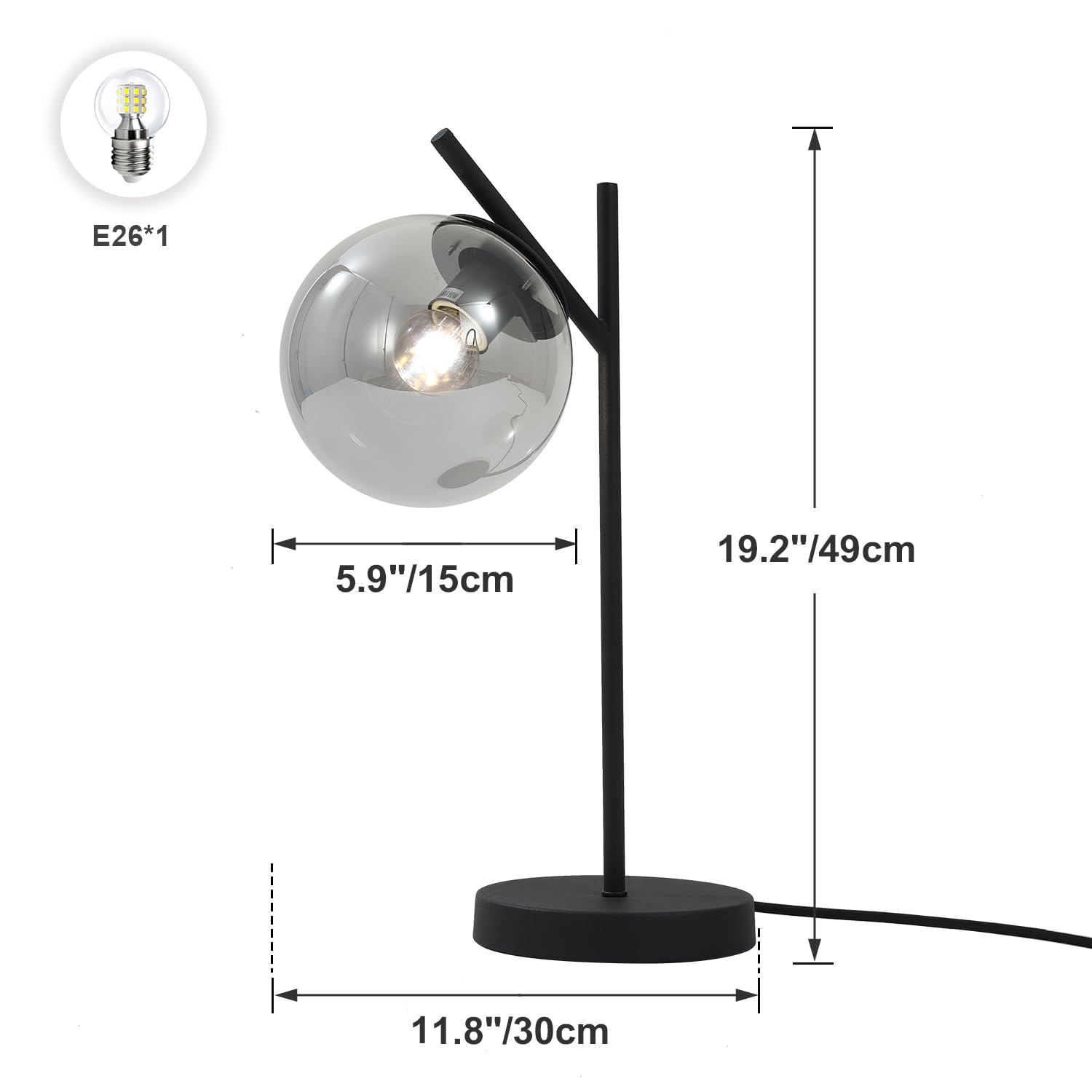 Fulesi Black Table Lamp Vintage Metal Desk Lamp Modern Nightstand Smoke Gray Glass Globe Table Lamp Nordic Bedside Table Lamp Fo