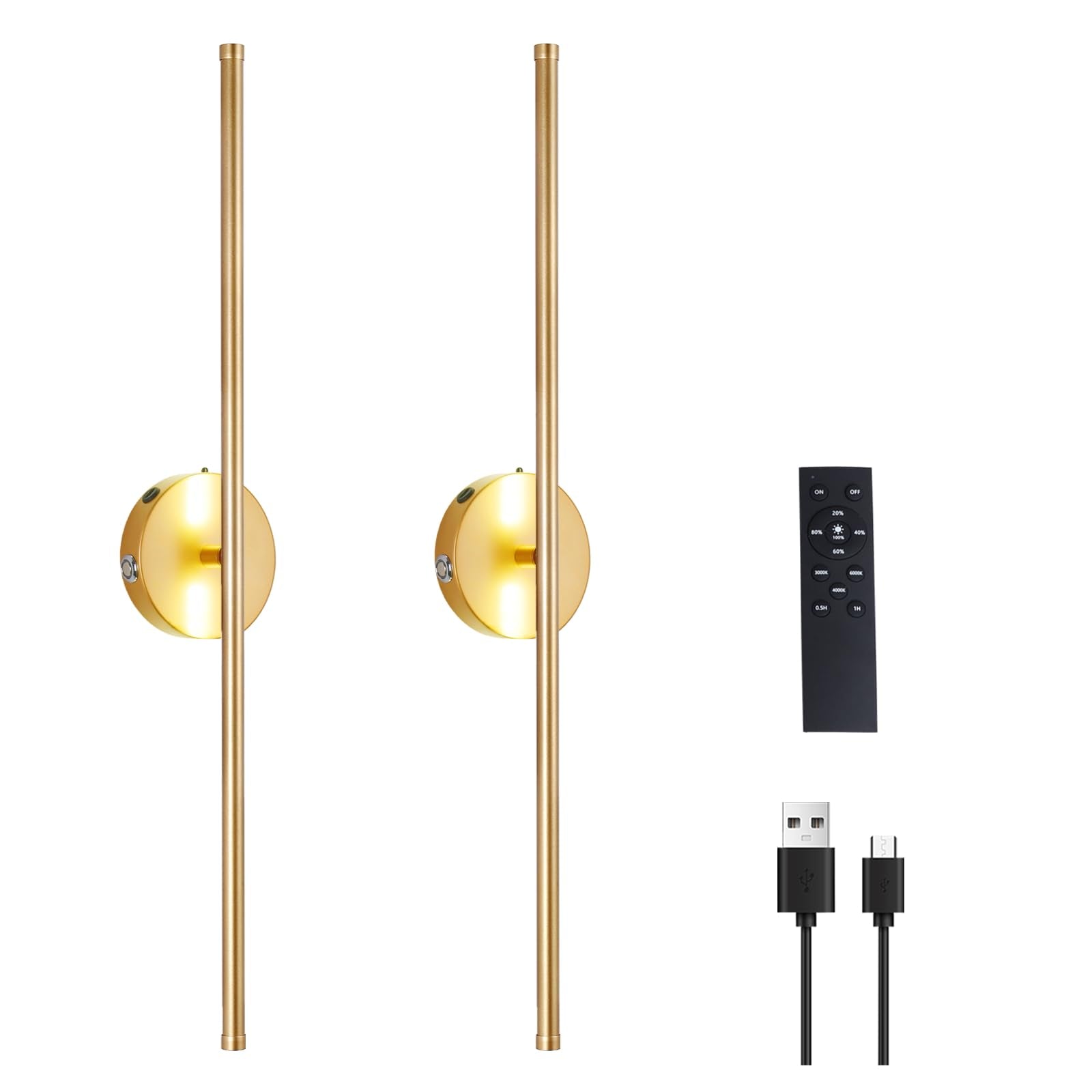 Battery Operated Wall Sconces Set of Two, USB Rechargeable Dimmable LED Wireless Wall Sconces with Remote Control, 360Rotate,Tim