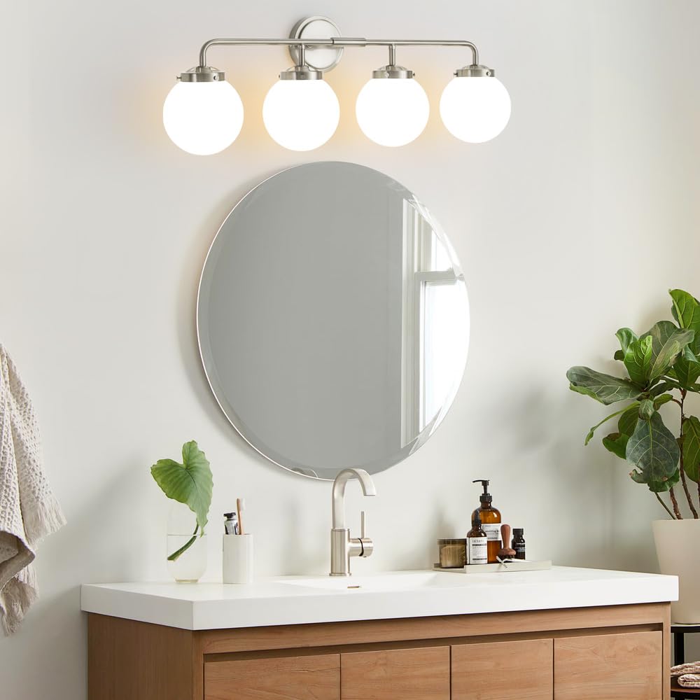 Deyidn Bathroom Light Fixtures Over Mirror, Brushed Nickel Modern Vanity Lighting With Milk White Glass Globe Shades 4-Light Far