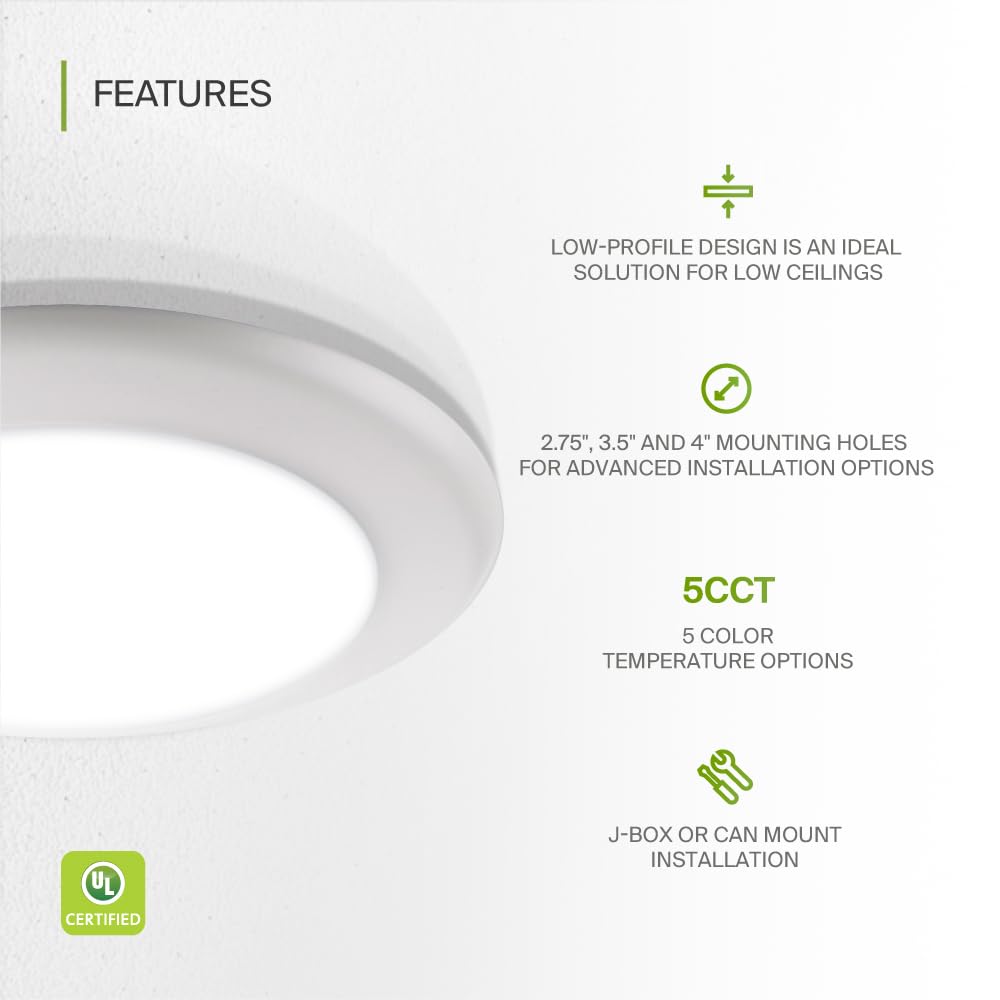 ASD LED Disk Lights 6 Inch, 15W 5CCT 2700K-5000K, Dimmable Flush Mount, White, Model ASD-LDS-6D15