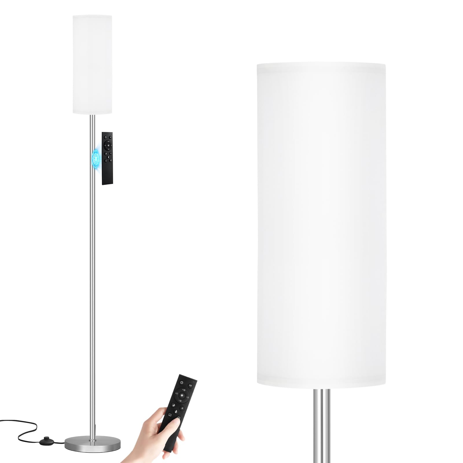Ambimall 64'' Floor Lamps for Living Room with Remote Control and Stepless Dimmable Colors Temperature & Brightness, 9W Bulb Included(White Lampshade & Silver Pole)