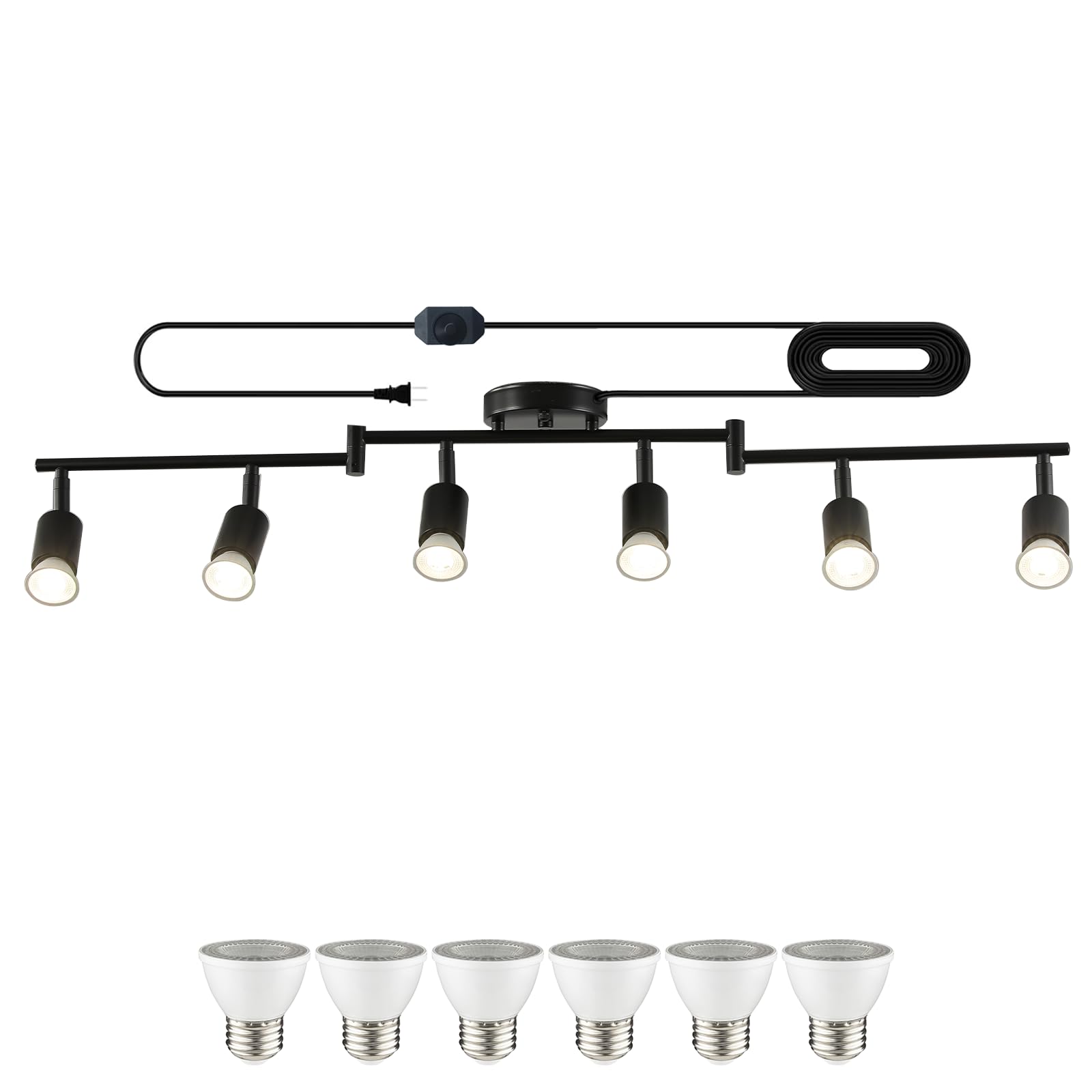 Vivihobb Dimmable Plug In Track Light Black 6 Light Plug In Ceiling Lighting Fixture With 16.4 Long Cord 6 Way Ceiling Spotlight Rotatable Wall Mount Light Head Led Dimmable Spot Bulbs Included
