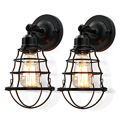 Lyoowng Vintage Industrial Wall Sconces 2-Pack, Metal Wire Cage Lighting For Bedroom Hallway