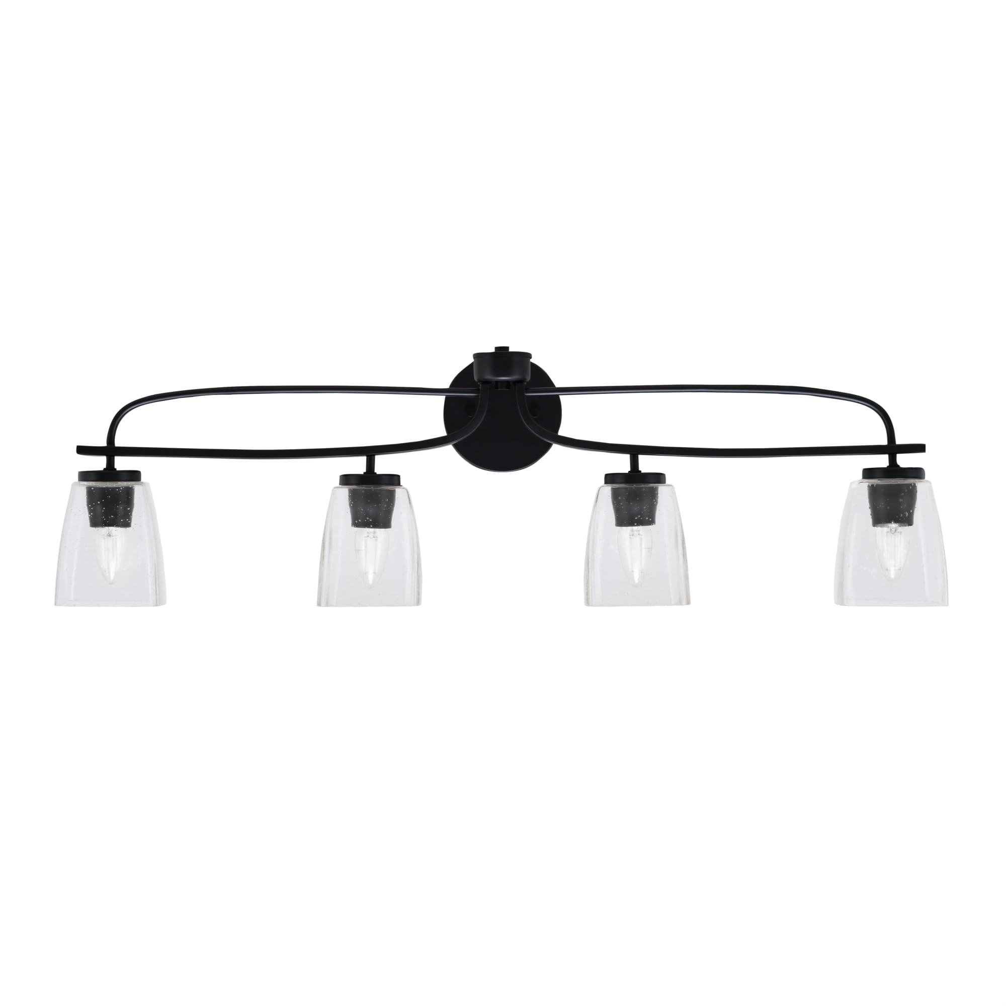 Cavella 4 Light Bath Bar Shown In Matte Black Finish With 4.5" Square Clear Bubble Glass