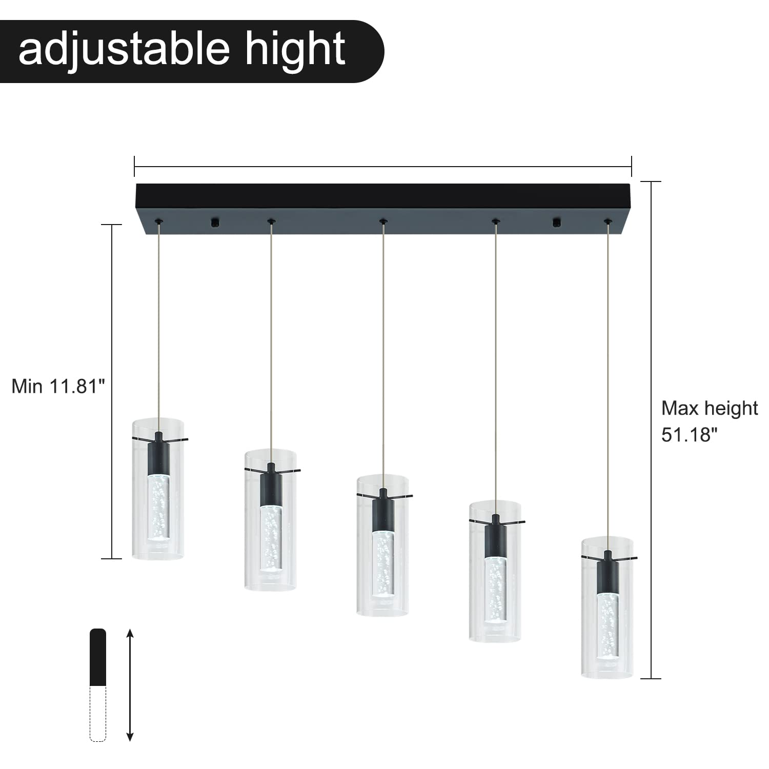 BESTWEST Black Pendant Light Fixture, 5-Light Dimmable Modern Chandelier, Glass, BW-03, Sand Black