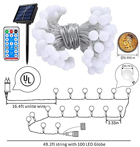 RaThun Solar Globe String Lights, 100 LED, 49 Feet, Warm White, Indoor/Outdoor, 8 Modes, Plastic