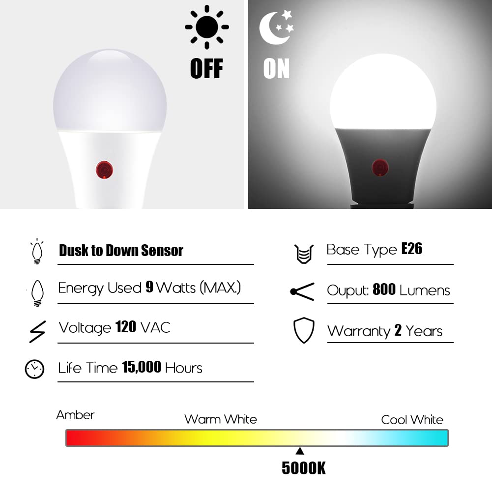 Emotionlite Dusk to Dawn LED Light Bulbs, 60W Equivalent, Neutral White, 9W A19 Size, E26 Base, 3 Pack, Automatic On/Off