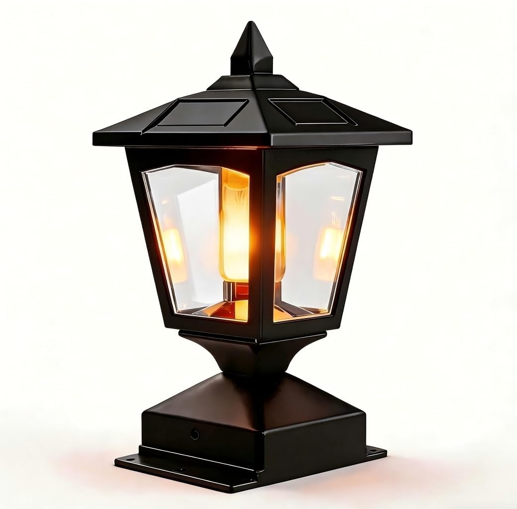 Solar Powered Post Cap Light for 4x4 5x5 6x6 Posts, Waterproof Outdoor Fence Cap with Warm Flame Effect, Black Garden Pillar Lam