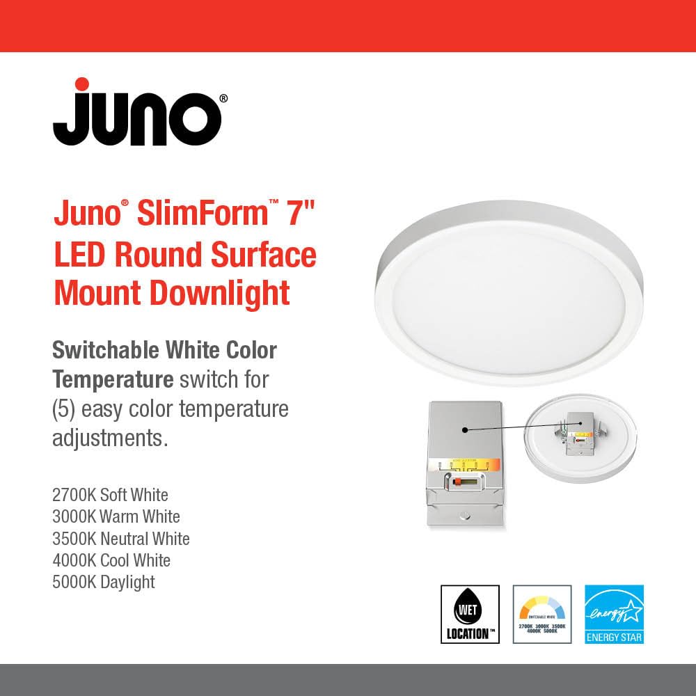 Juno Jsf 7In 10Lm Sww5 90Cri 120 Frpc Wh M12 Slimform Led Surface Mount Downlight, Switchable Color Temperature, Round, 7 Inch