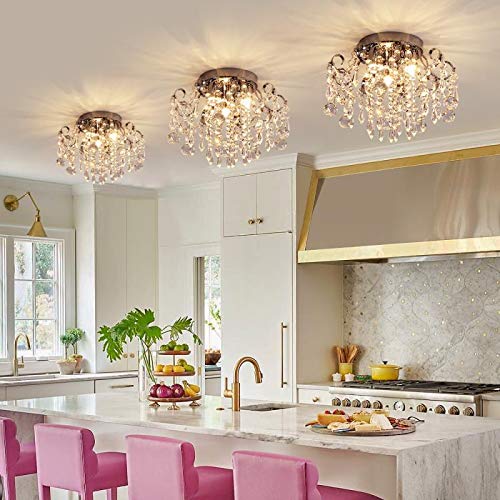 Q&S 3-Light Small Crystal Chandelier Flush Mount Ceiling Light, Chrome Iron Fixture for Bedroom, Hallway, Entryway, Model P2001-3
