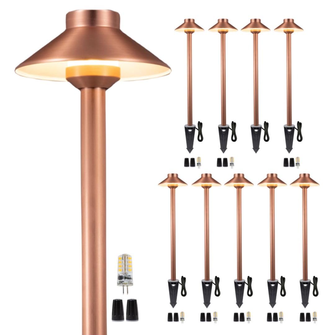 Gardenreet Outdoor Brass Low Voltage Driveway Lights, Copper Electric Waterproof Pathway Lighting, Wired Bronze Hat Top Path Lights For Sideway Garden Patio With 3W 270Lm 4000K G4 Bulb 10 Pack