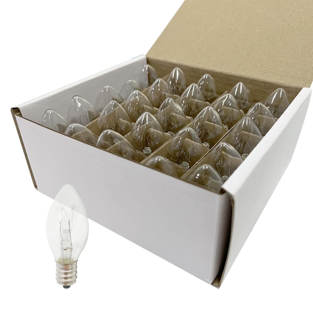 HUAZHQING C7 Incandescent Replacement Bulbs, 25 Pack, Clear Glass, 120V 5W, E12 Candelabra Base for Night Lights