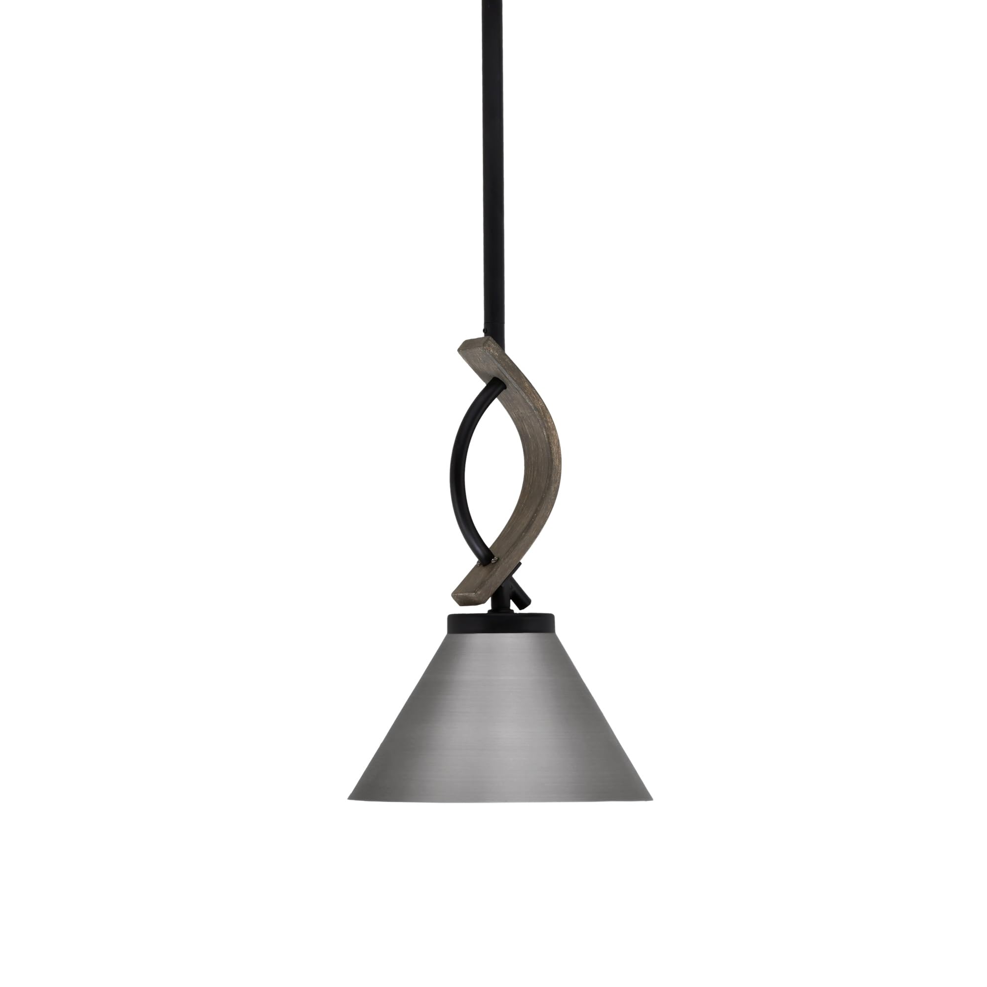 Toltec Lighting Monterey Stem Hung Mini Pendant, Matte Black & Distressed Wood-Look, 7in Brushed Nickel Cone Shade