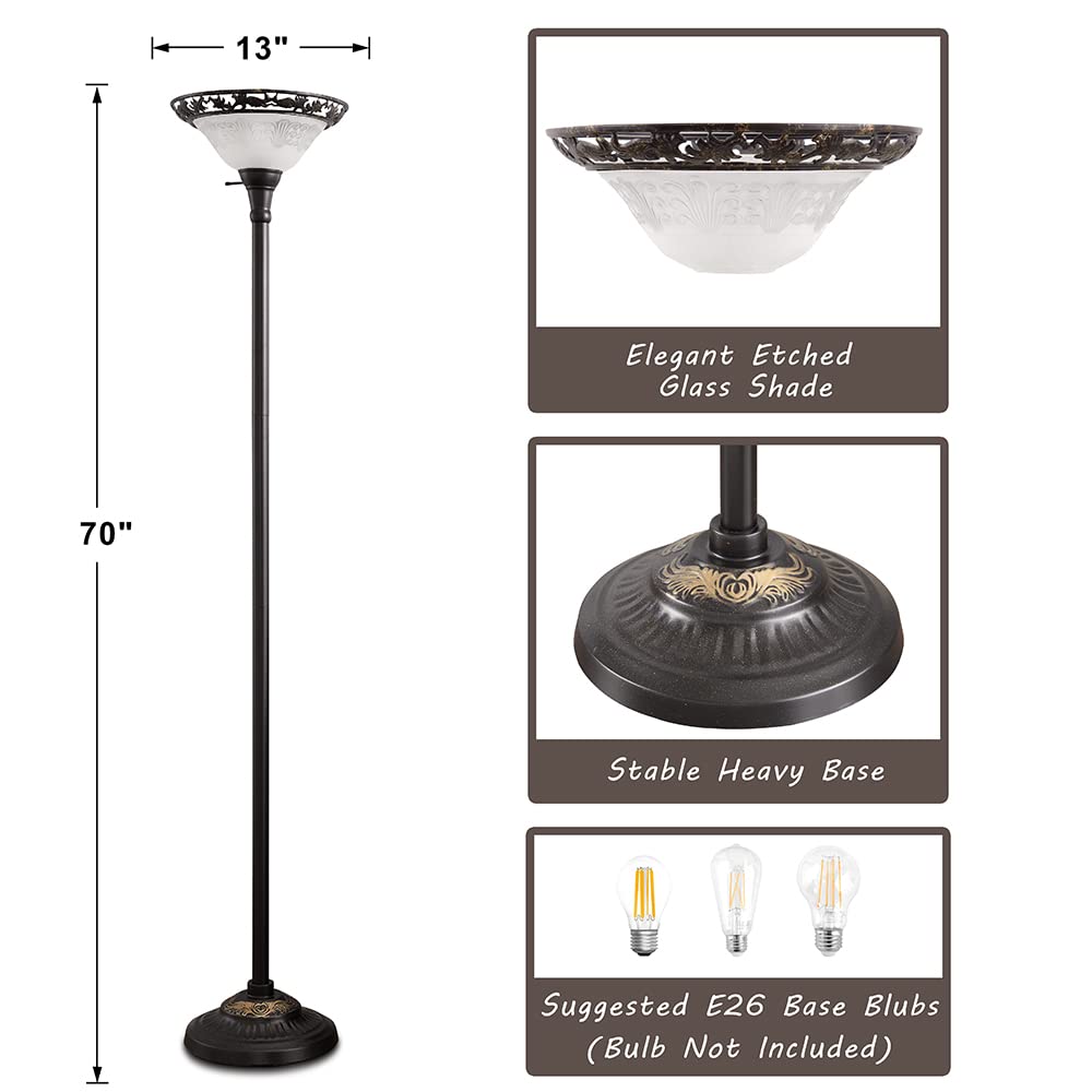 Luvkczc Victorian Floor Lamp, 70" Tall Metal Lamp with Alabaster Shade, Black, Model FL-3000A, Vintage Style for Bedroom/Office