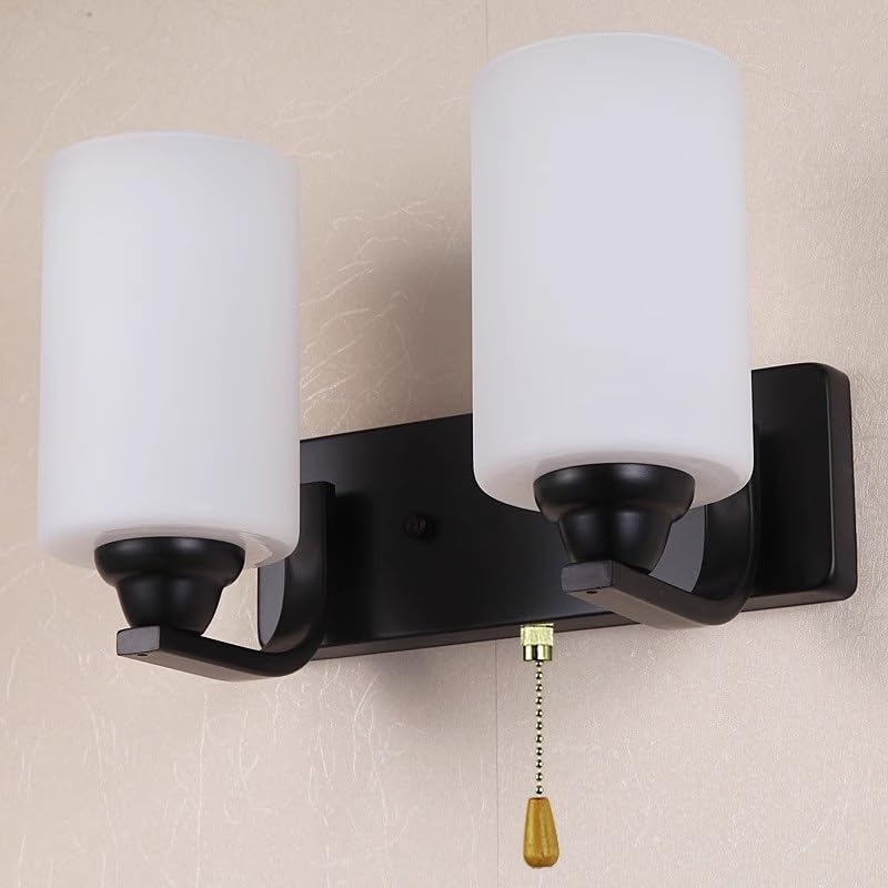 BGNSFGFNFG 2-Heads Glass Wall Sconce with Pull Chain Switch Wall Lamp Wall Mount Light for Bathroom Vanity Living Room Bedroom(D