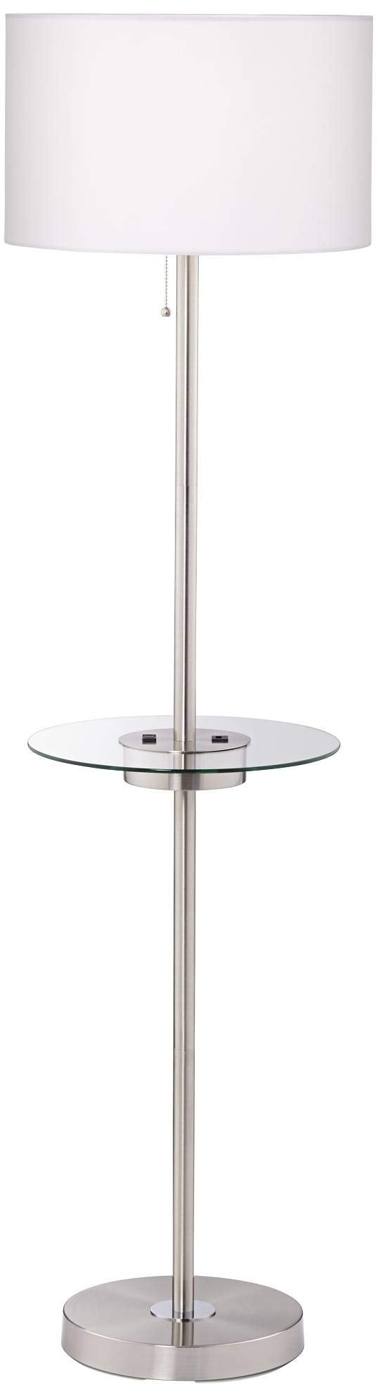 360 Lighting Caper Modern Floor Lamp With Tray Usb And Ac Power Outlet On Table Glass 60.5'' Tall Satin Nickel White Fabric Drum