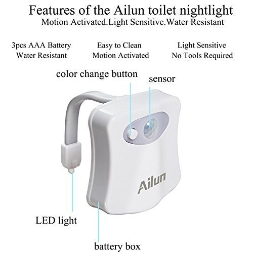 Ailun Toilet Night Light 3-Pack, Motion Activated LED, 8 Color Changing, White, Plastic, Model: Ailun_ToiletLight_3Pack_WhiteFBA