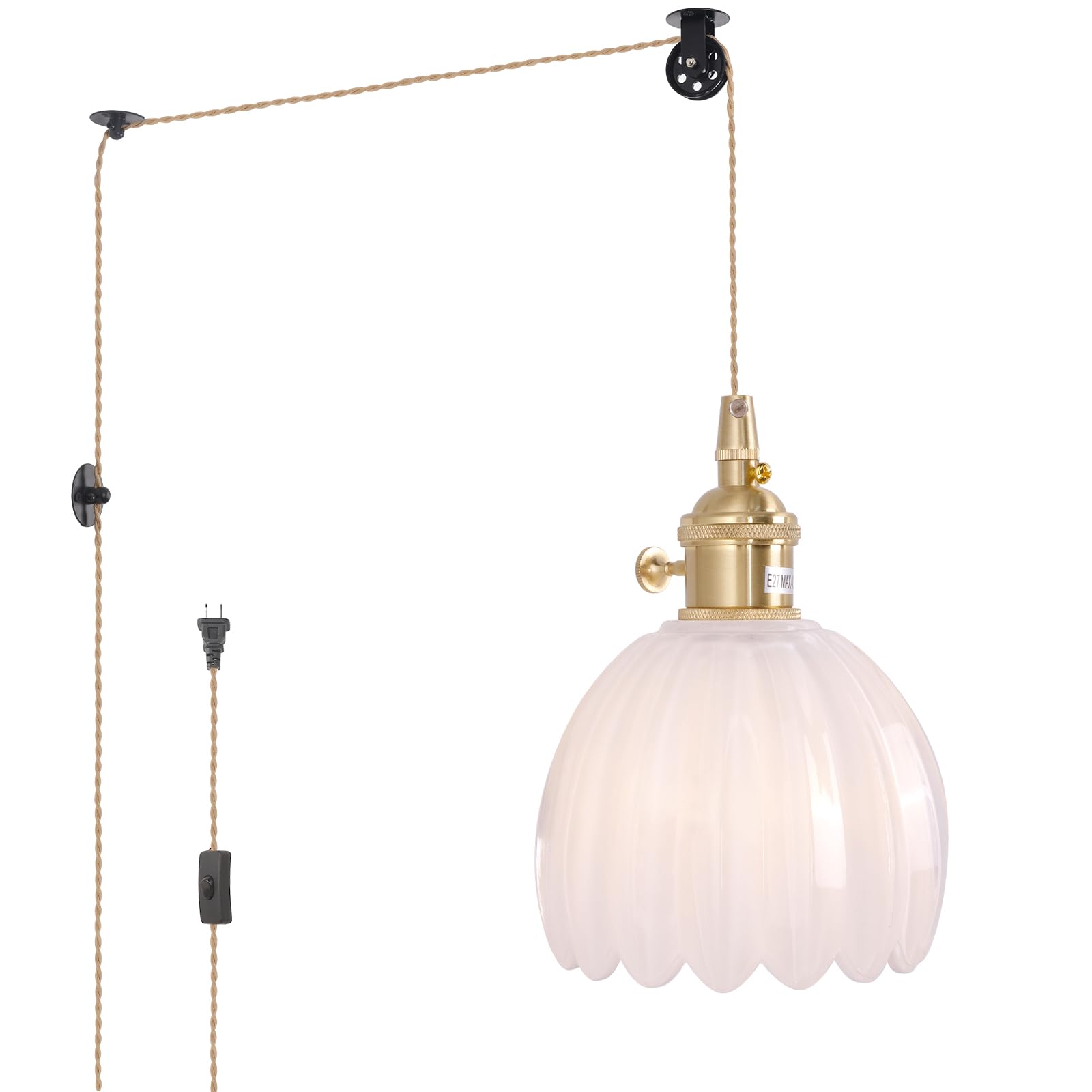 Shenmoyl Mini Plug in Pendant Light Hanging Light Fixture Corded On/Off Switch Brass Pendant Light with White Tulip Glass Lampsh