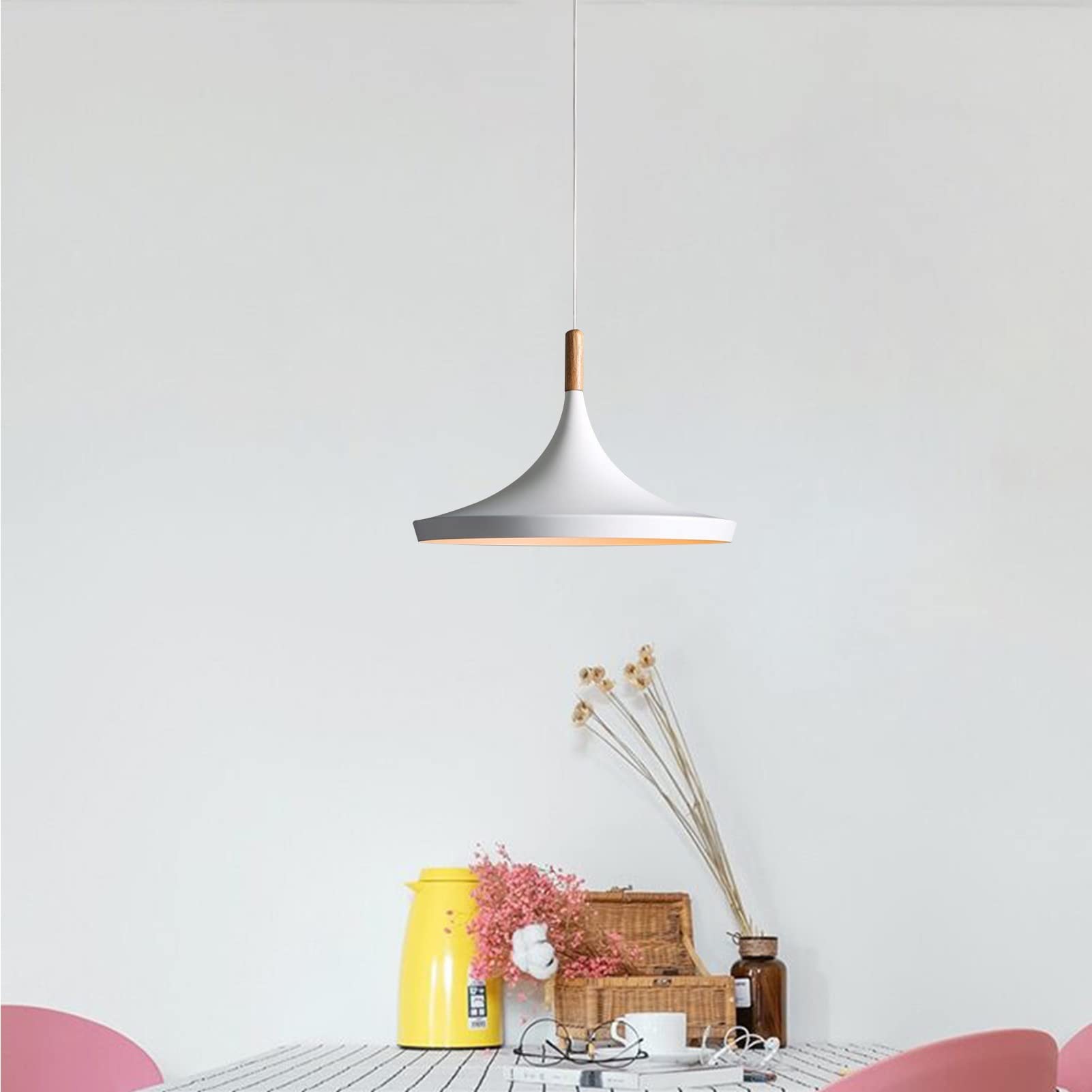 2 Light Battery Operated Pendant Light with Remote Control,White Ceiling Pendant Lights Fixtures,Nordic Style Hanging Lamp for D