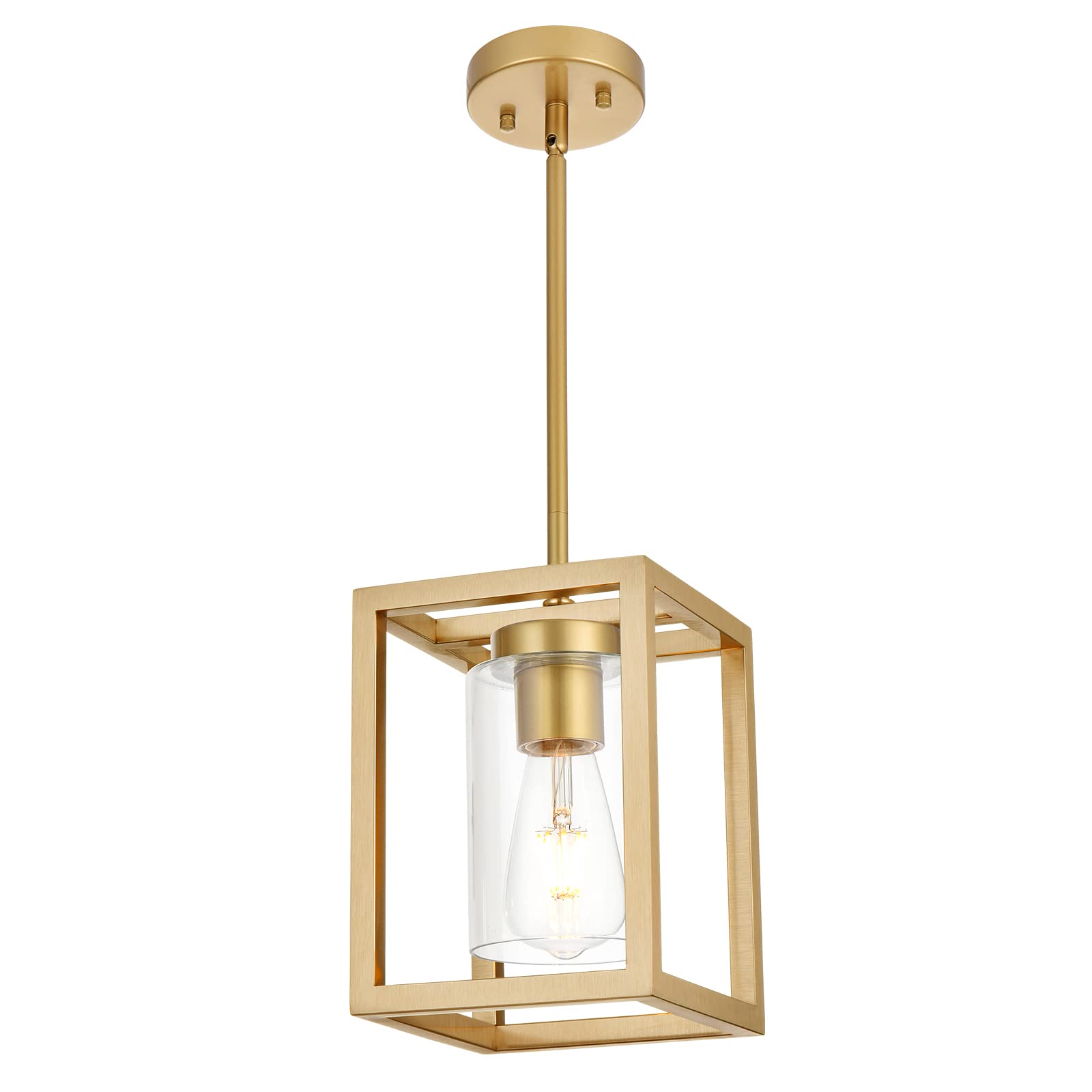 VINLUZ 1-Light Rustic Chandelier in Gold Finish Modern Industrial Pendant Lighting Fixture with Clear Glass Shade Hanging Ceilin