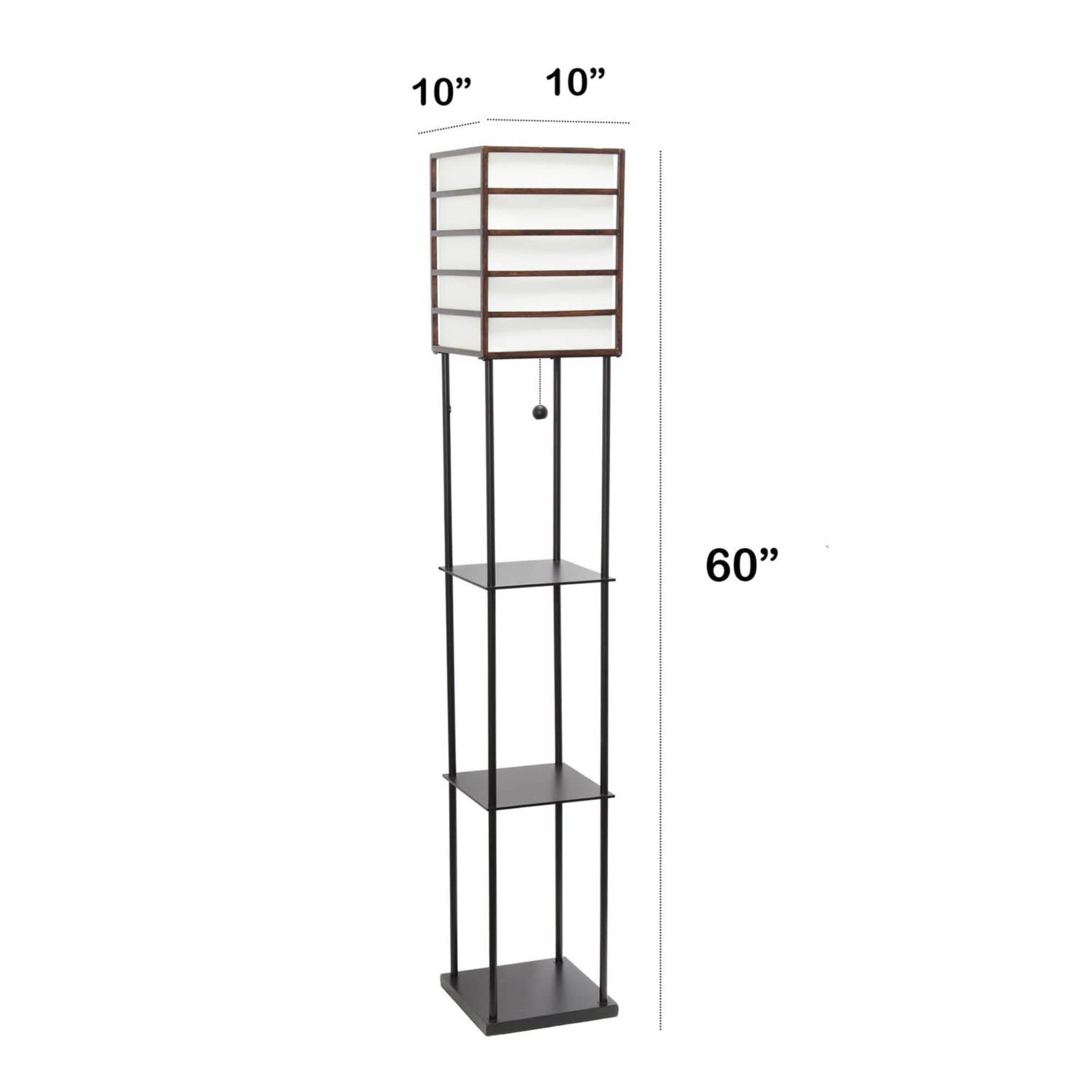 LALIA HOME Metal Etagere Floor Lamp with Linen Shade, Dark Wood, Model LHF-5055-DW, Storage Shelves